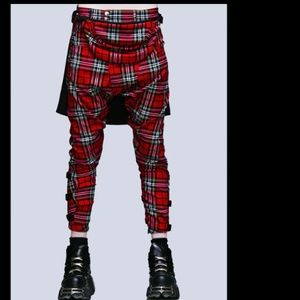 NWT - Long Clothing Red Tartan Clip Pants - Unisex & Adjustable